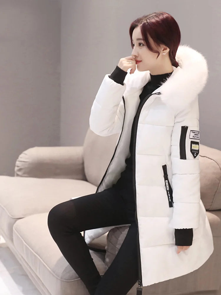 Women's Hooded Parka with Fur Collar, Elegant Long Slim Warm Jacket, Optical Design, Zipper Pockets, Letter Patch, Winter Fashion