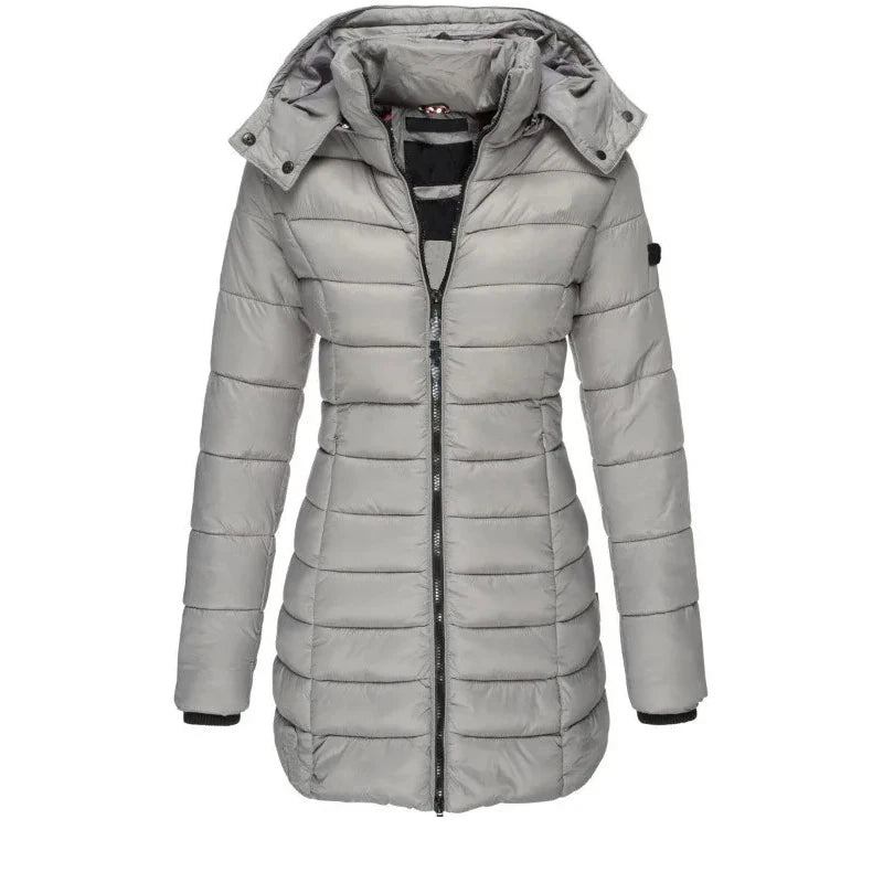 Parka gruesa y cálida para mujer, color liso, abrigos con cremallera, manga larga, chaqueta acolchada, de longitud media, ajustada, con capucha, para invierno