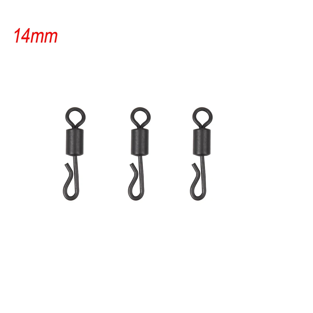 Émerillons roulants pour pêche à la carpe, 30 pièces, noir mat, corps Long, changement rapide, avec anneau, connecteur à pression, accessoires de pêche à la carpe