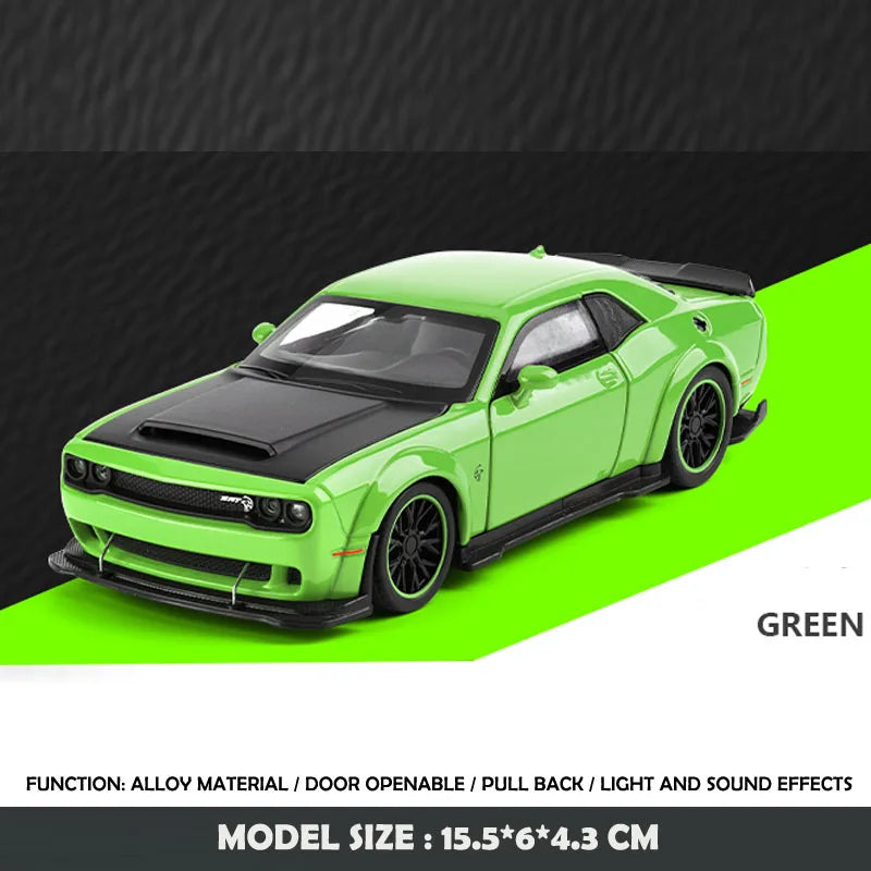 Modelo de coche de aleación Dodge Challenger Hellcat SRT 1:32 con sonido y luz, vehículo de juguete de metal con retrofricción, regalo para niño, colección en miniatura