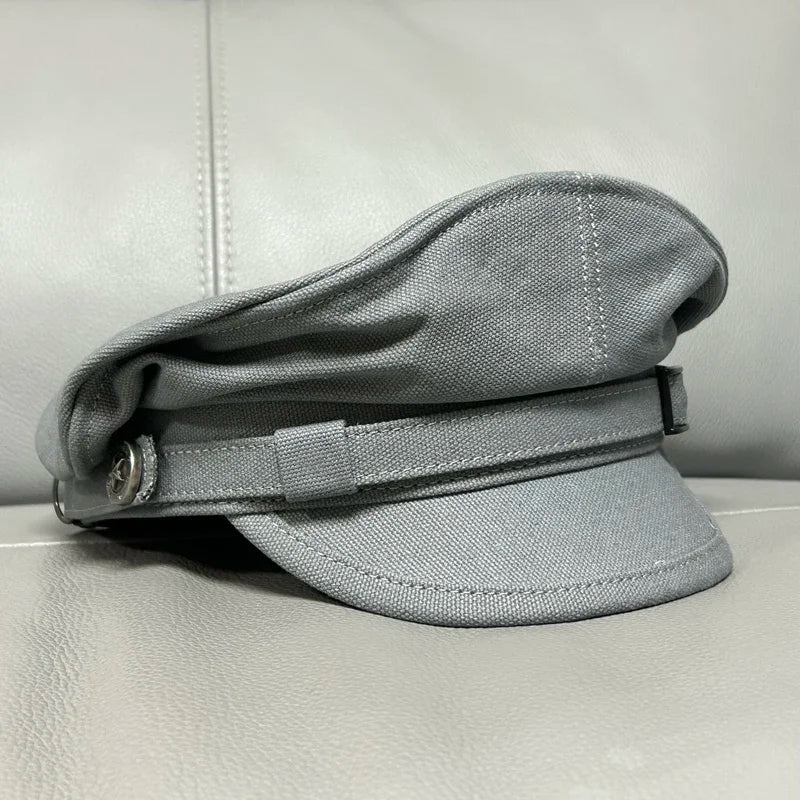 Casquette de marin rétro à visière de la marine pour hommes et femmes, chapeau militaire de printemps en toile, ceinture d'aigle grise, Casquette de Locomotive, 2024