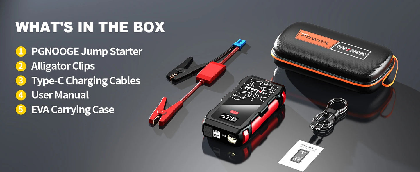PGNOOGE 26800mAh 6000A de Crête Démarreur de Batterie, Booster de Batterie pour Tous les Moteurs Essence et 10L Diesel, 12V Batterie Voiture avec Lampe Torche, Affichage LED, Charge Rapide USB