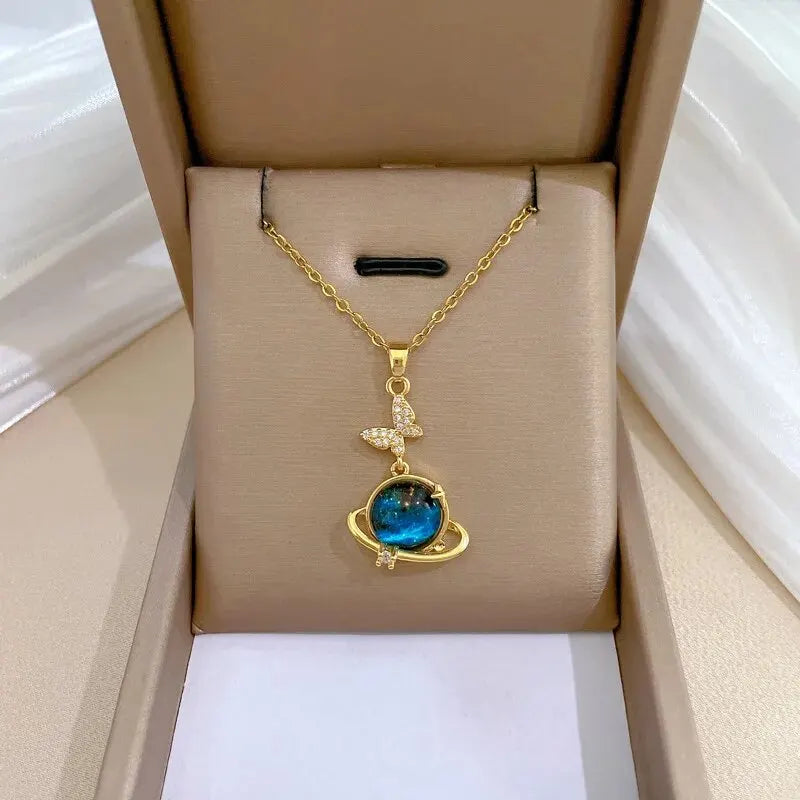 Collier planète ciel étoilé — étoile et lune, chaîne de clavicule polyvalente, acier inoxydable, femme