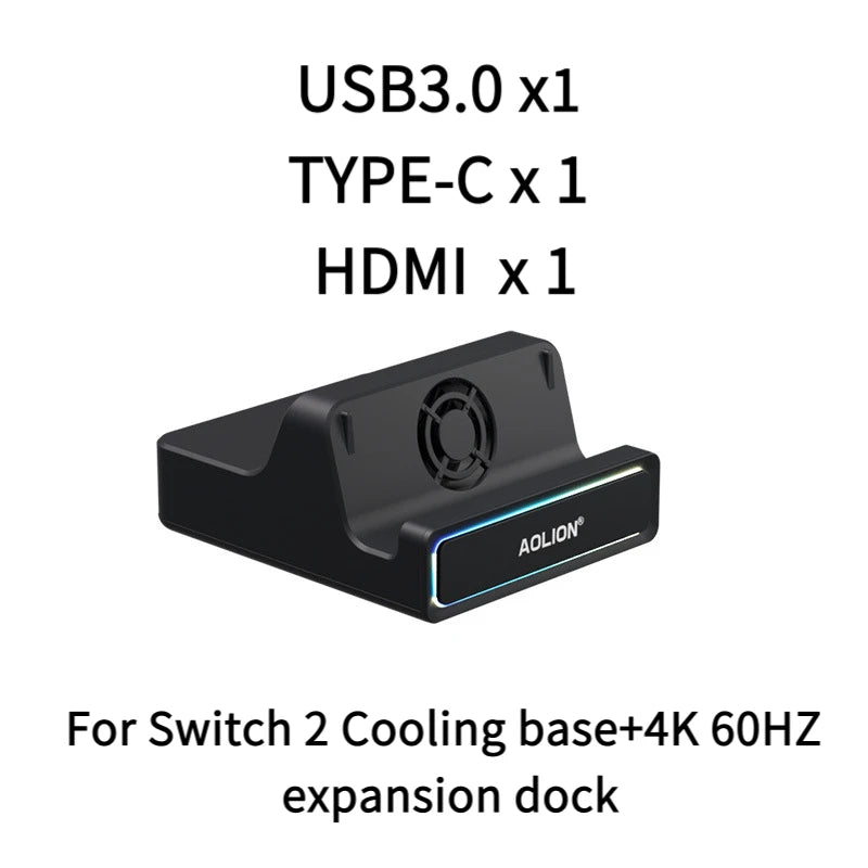 Aolion para Switch 2 Base RGB Ventilador de refrigeración HUB portátil Base de expansión Soporte de pared con NGC para accesorios de Switch 2