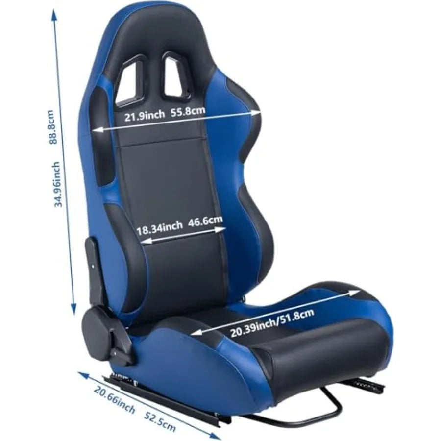 Par de asientos de carreras universales, reclinables de cuero PVC negro y azul, con asientos de cubo deslizantes de doble cierre