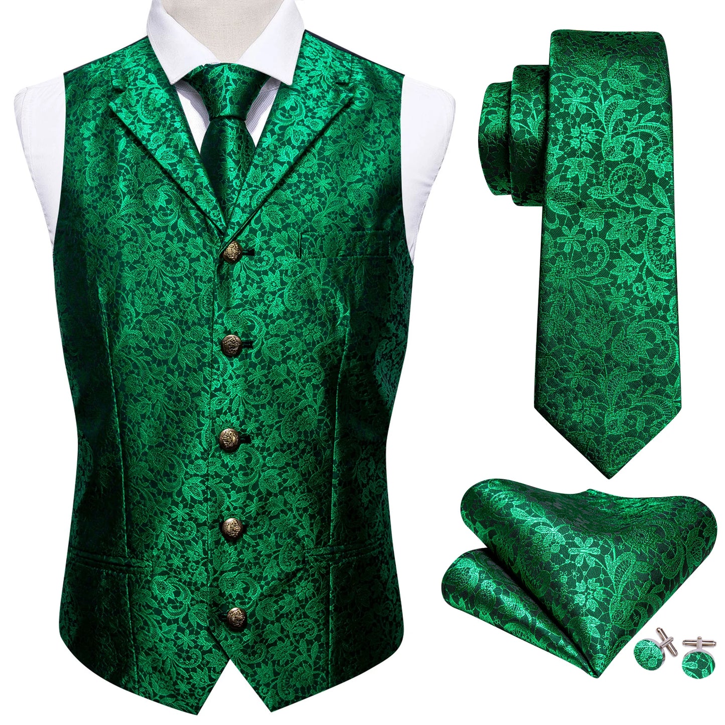 Lujo para hombre, conjunto de chaleco verde Paisley Floral Slim, para hombre, chaleco de vestir sin mangas, formal de trabajo, con corbata y pañuelo, de Barry Wang