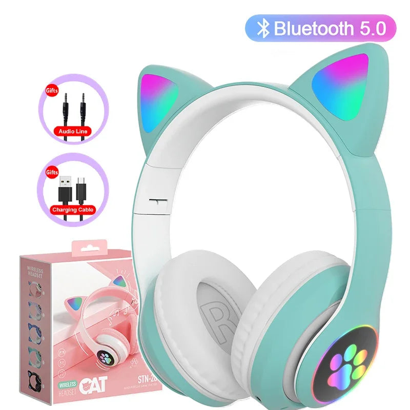 Auriculares estéreo Bluetooth 5.0 con orejas de gato y luz LED, compatibles con tarjeta TF y micrófono, inalámbricos, para niños y niñas, regalo de cumpleaños