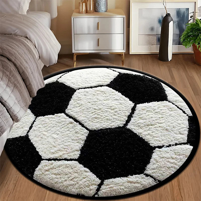 Tapis Rond Motif Ballon de Football Noir & Blanc — Polyester Antidérapant, Décoration Intérieure 40–150 cm