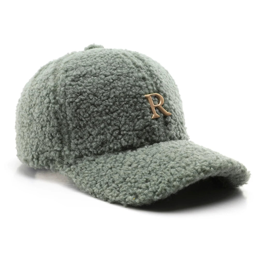 Casquette de baseball en laine d'agneau verte — lettres dorées, trucker, hiver, femme et homme