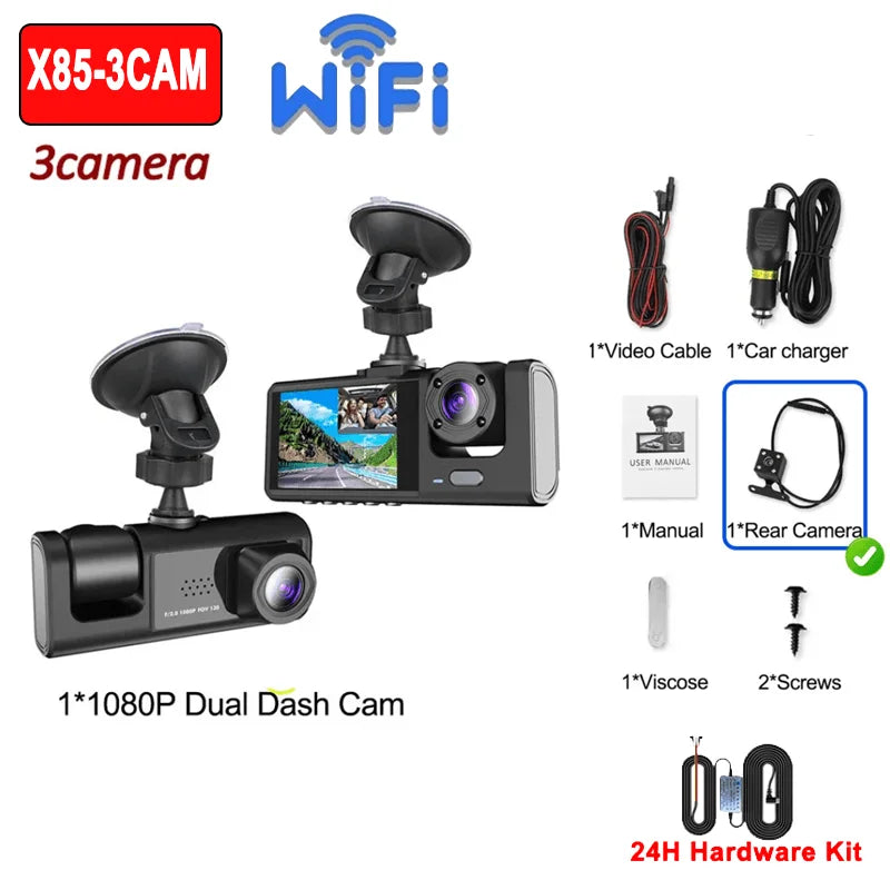 Dashcam 1080P WiFi 2/3 Caméras — Vision Nocturne Avant Arrière Véhicule