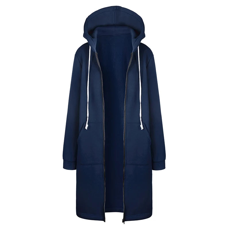 Women's Thick Hooded Parka, Loose Jacket with Zipper, Pockets, Maxi Length, Sporty Dress, Outerwear, Autumn Winter 2024