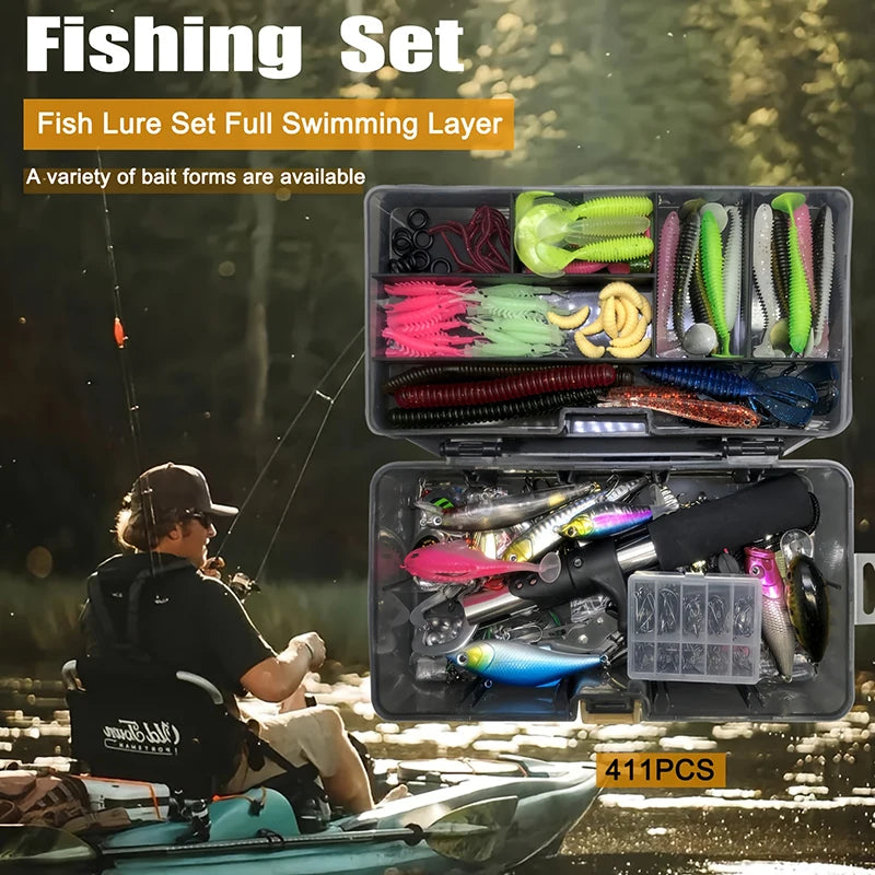Kit de leurres de pêche pour truite/brochet/basse, ensemble de pêche multi-leurre, matériel professionnel, boîte de matériel pour truite/maquereau/basse, 411 pièces