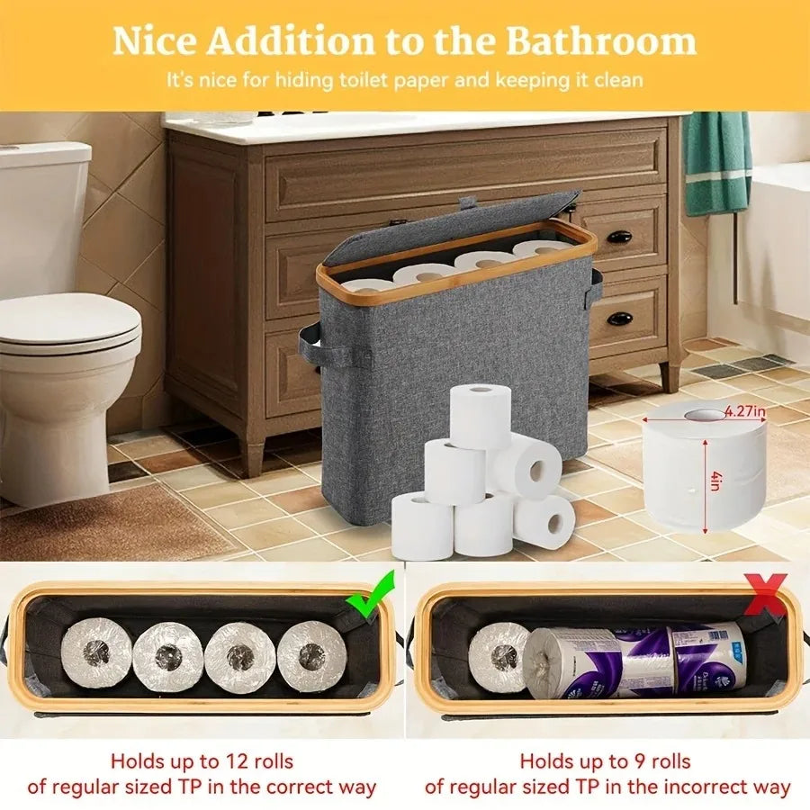 Portarrollos de papel higiénico de bambú con tapa - Organizador de baño independiente con asa, caja de almacenamiento de pañuelos cerrada