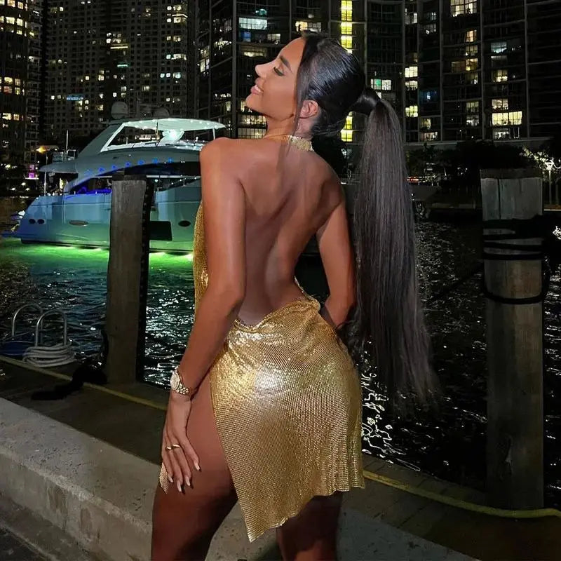 Elegant Short Dress for Women, Sexy and Fashionable, with Hanging Neck, Backless, Low Bust, Sequins, Party Dance Dress for Girls