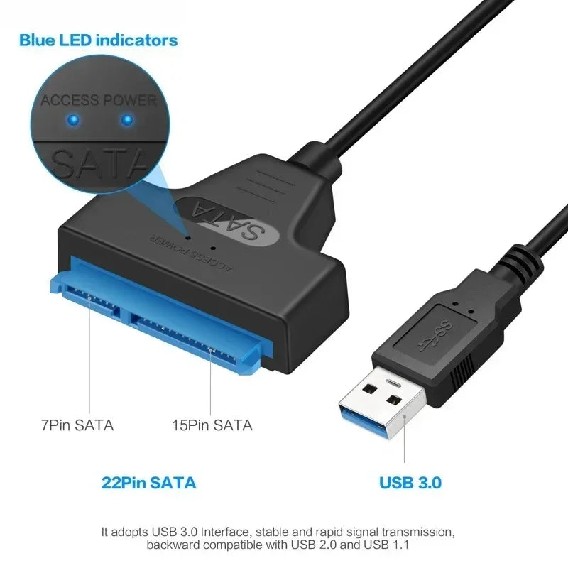 Câble SATA vers USB 3.0/2.0 jusqu'à 6 Gbps pour disque dur SSD externe 2.5 pouces, adaptateur SATA 3 22 broches, cordon USB 3.0 vers Sata III