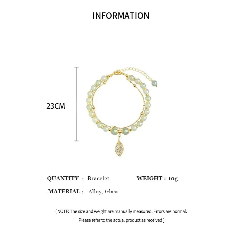 Chinese Style Green Jade Bracelet for Women, Exquisite Gold Color, Leaves, Double Chain Bracelet, Gifts for Girls
