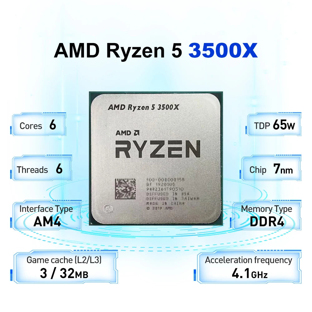 Processeur AMD Ryzen 5 3500X — 6 cœurs 6 threads, 3,6 GHz, AM4, L3 32 Mo, 7nm, 65W