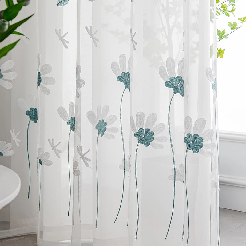 Cortina pequeña de gasa bordada con flores coreanas, para dormitorio y sala de estar, 1 pieza