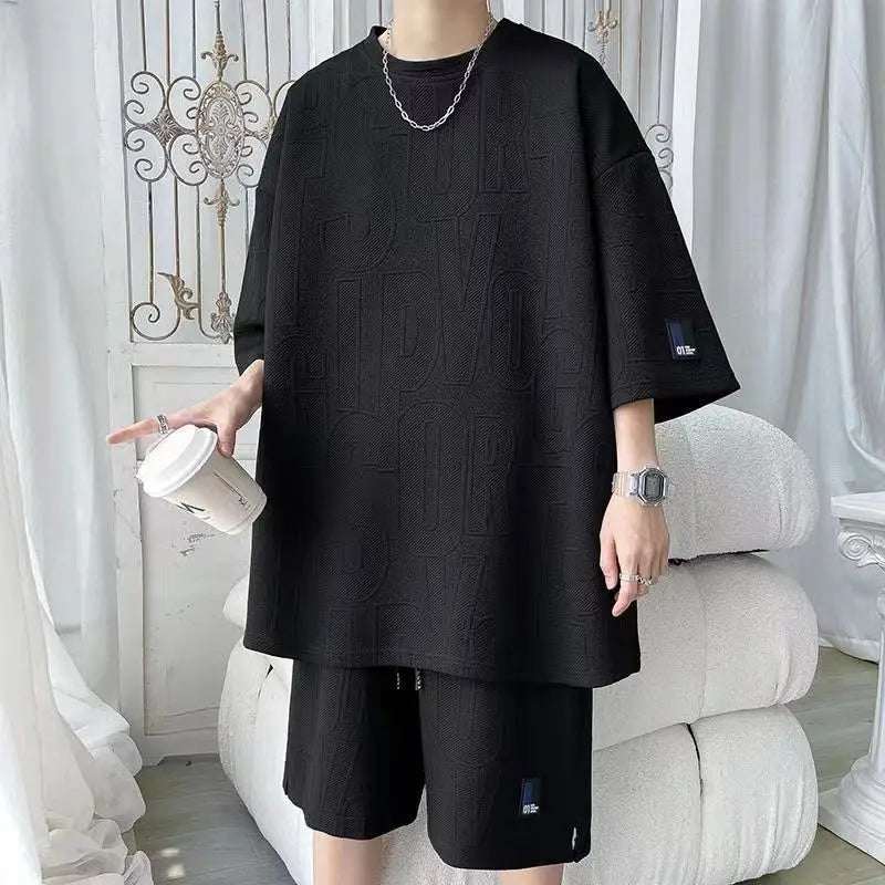 Ensemble d'été homme 2026 — T-shirt décontracté et short en tissu gaufré, survêtement uni ample