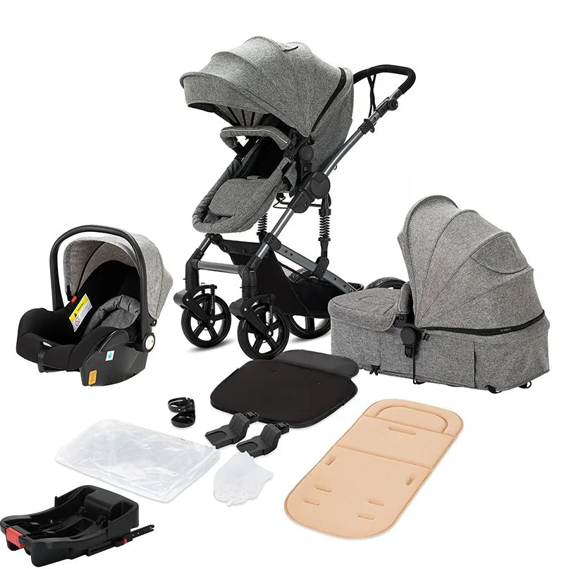 Lightweight baby stroller with aviation-grade frame, 360° swivel wheels, adjustable backrest, removable cushion, and storage basket