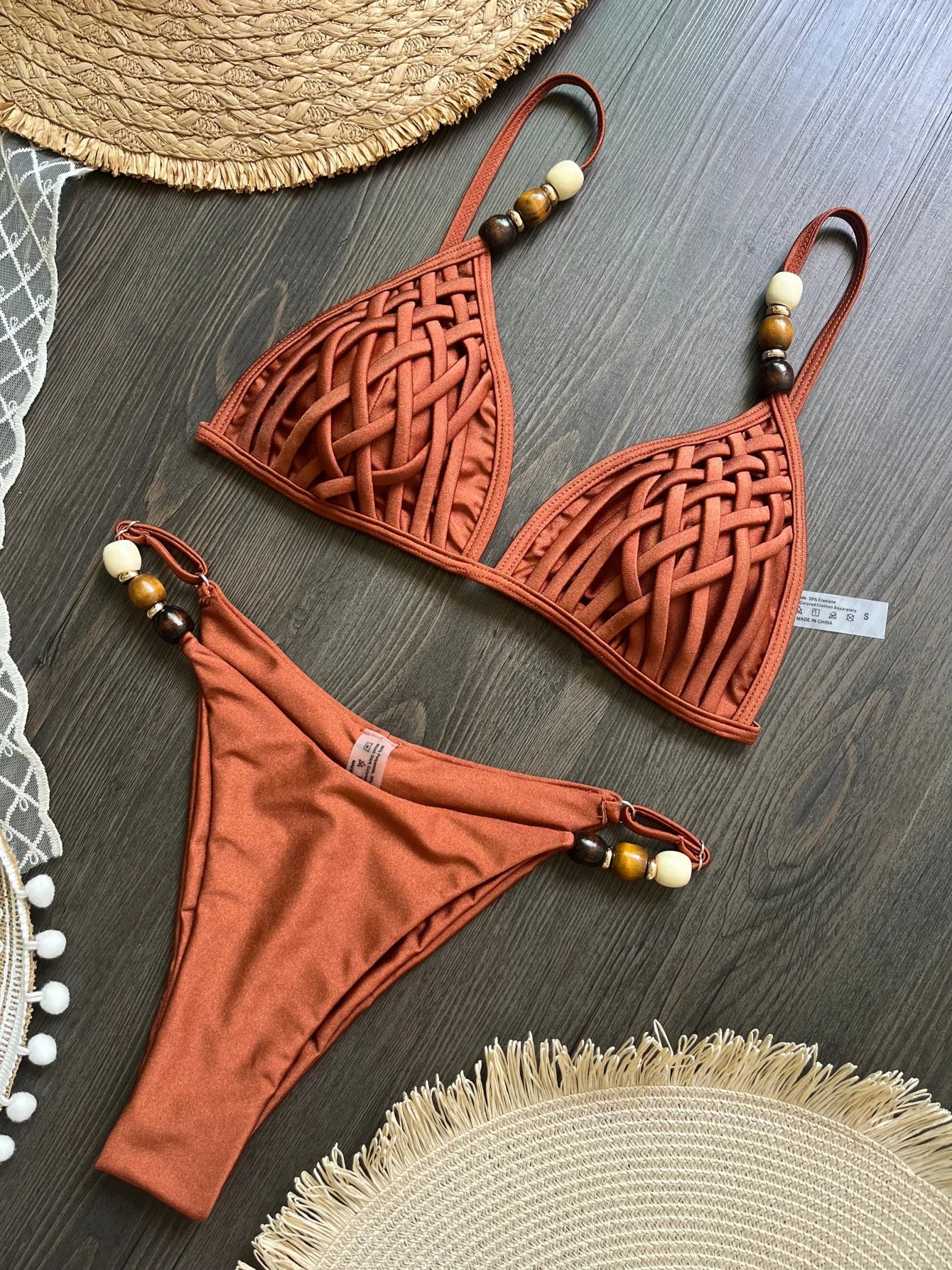 Sexy marron Bikini ensemble 2026 femmes perles sangle trou sur Push Up soutien-gorge string maillot de bain brésilien plage maillot de bain Micro maillots de bain