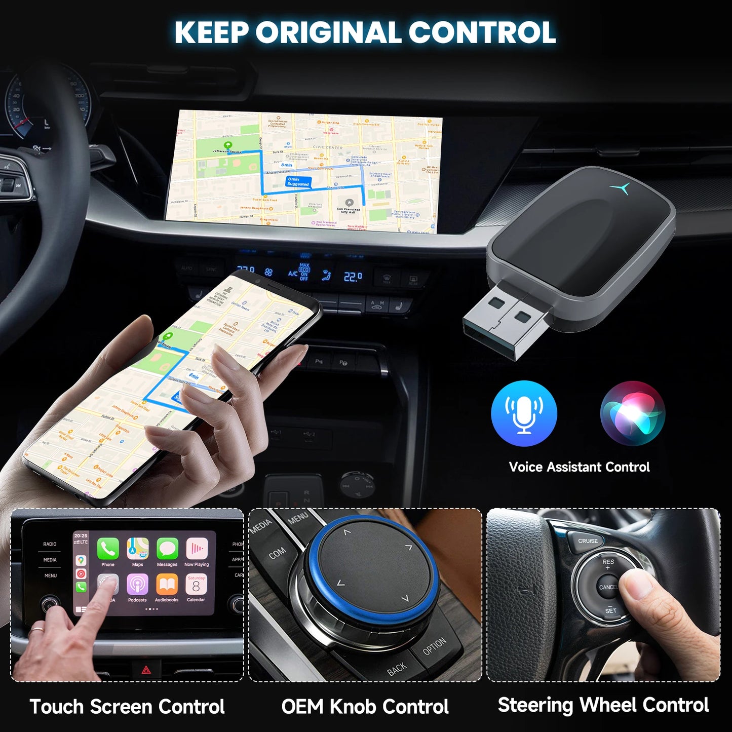 2-in-1 Wired to Wireless CarPlay and Wireless Android Auto Adapter Plug & Play