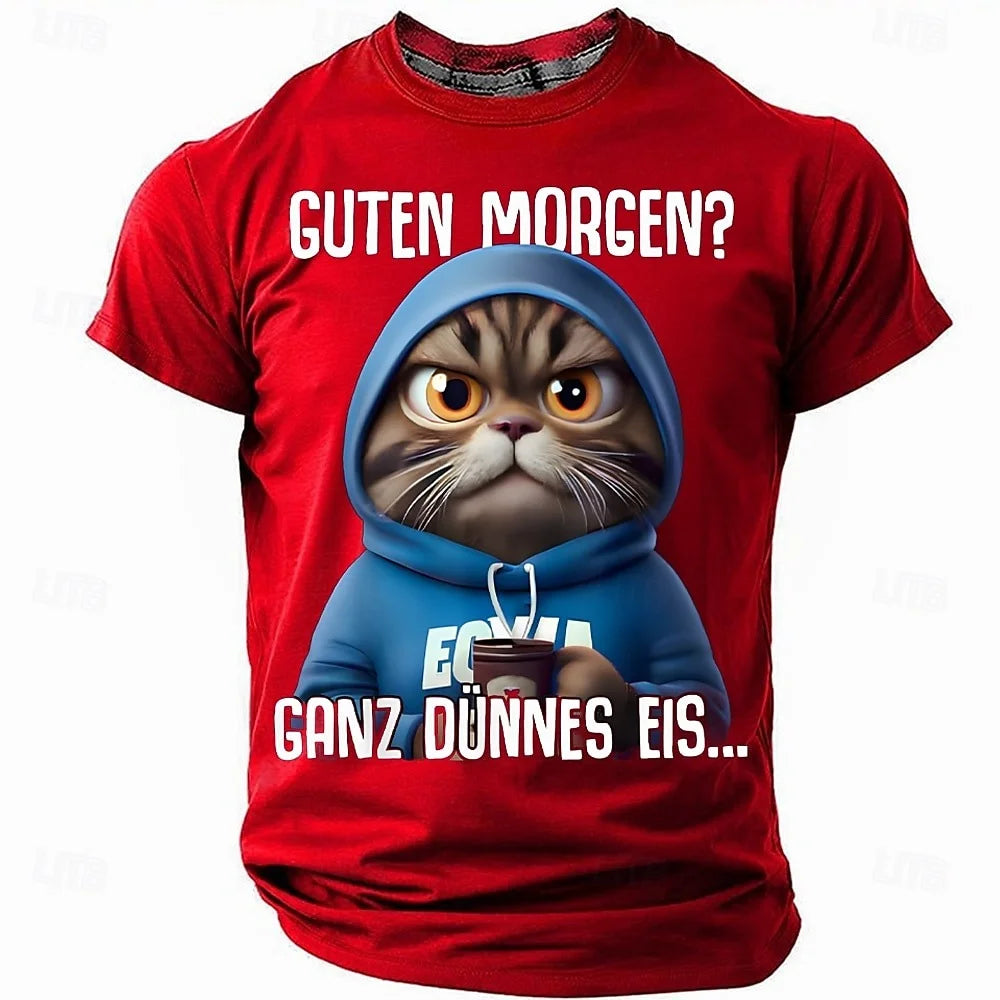 Camiseta divertida para hombre con gato alemán, Guten Morgen Ganz Dünnes Eis, estampado gráfico, manga corta, informal, top humorístico para amantes de los gatos