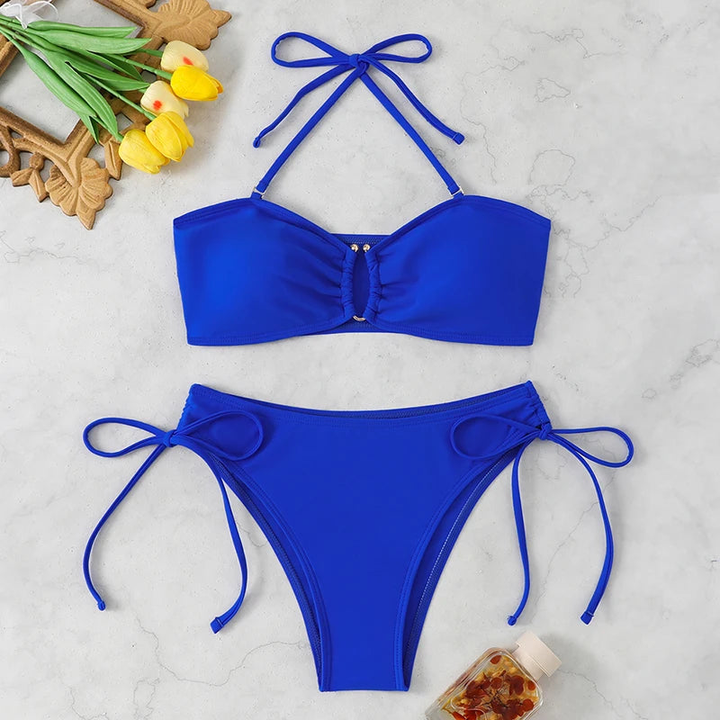 Maillot de bain bikini taille haute pour femme 2026, maillots de bain noués, maillots de bain femme, bandeau push-up, ensembles de bikinis, vêtements de plage brésiliens