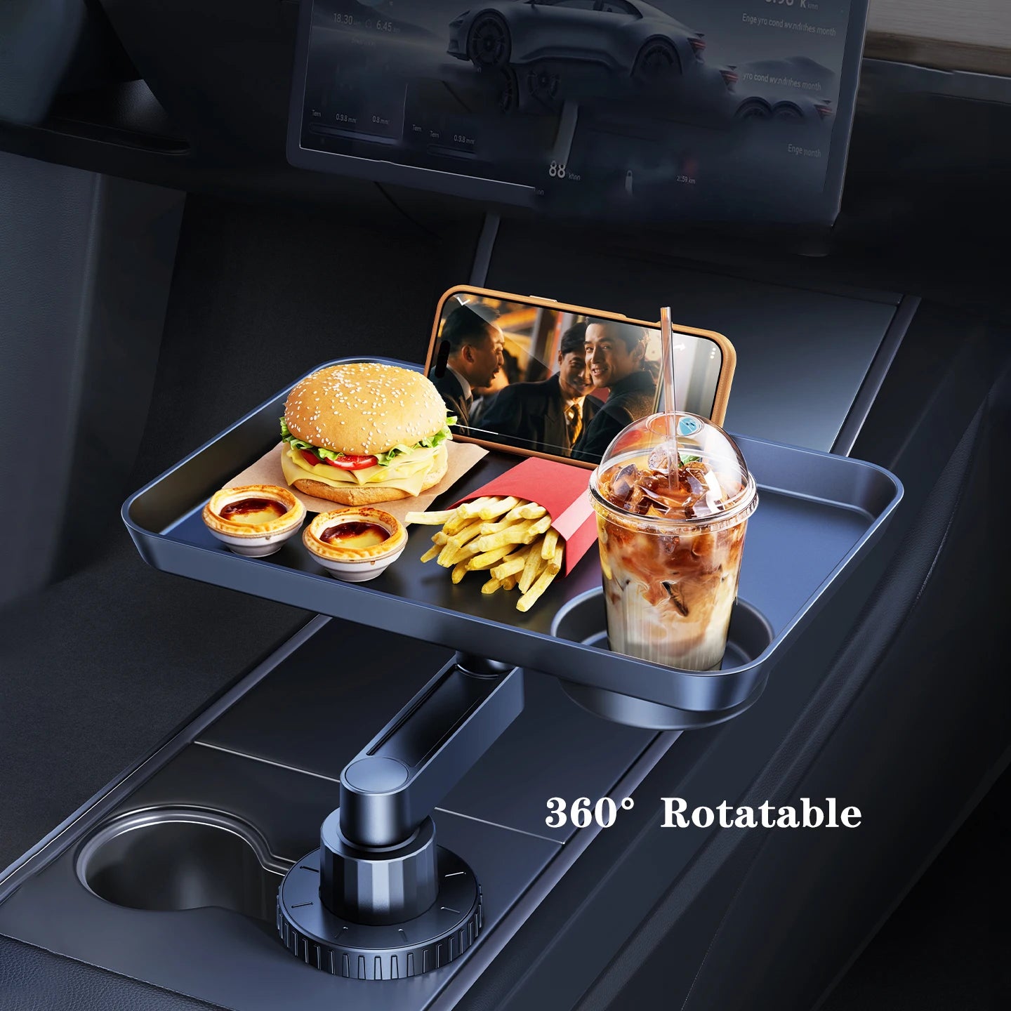 Tablette de table pivotante pour porte-gobelet de voiture Eary, plateau de repas pour siège avant/arrière, support pour manger, boire et sauces, idéal pour les voyages en voiture