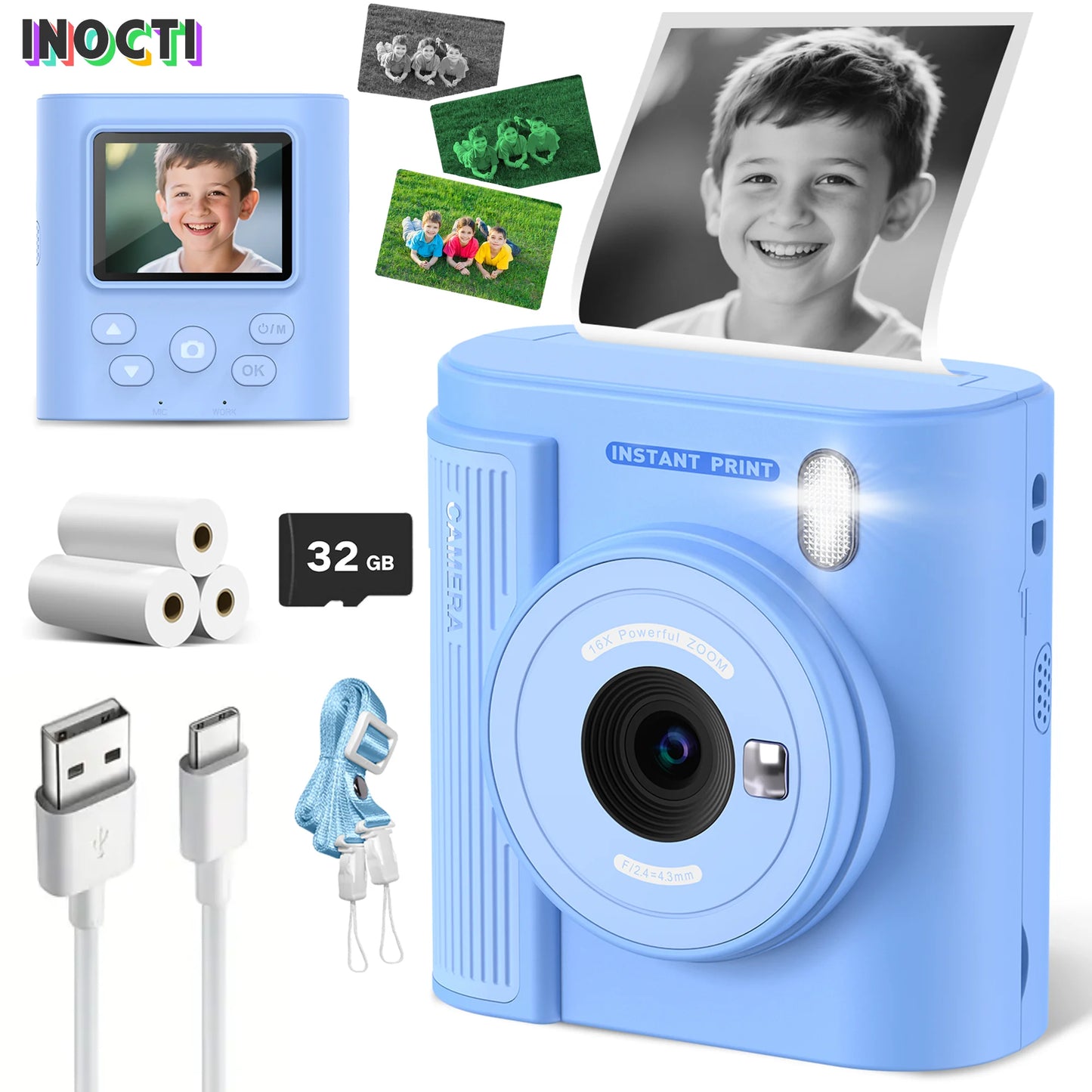 Appareil photo numérique avec impression pour enfants — 3 papiers d'impression, carte 32G, cadeau filles et garçons