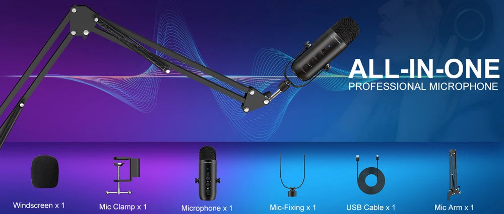 Haomuren – Kit microphone studio USB cardioïde avec bras HON pour enregistrement et podcast