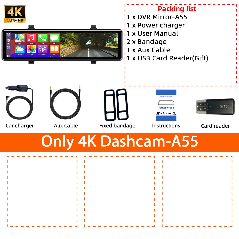 Dashcam Rétroviseur 4K — Carplay Sans Fil Android Enregistrement 24H Stationnement