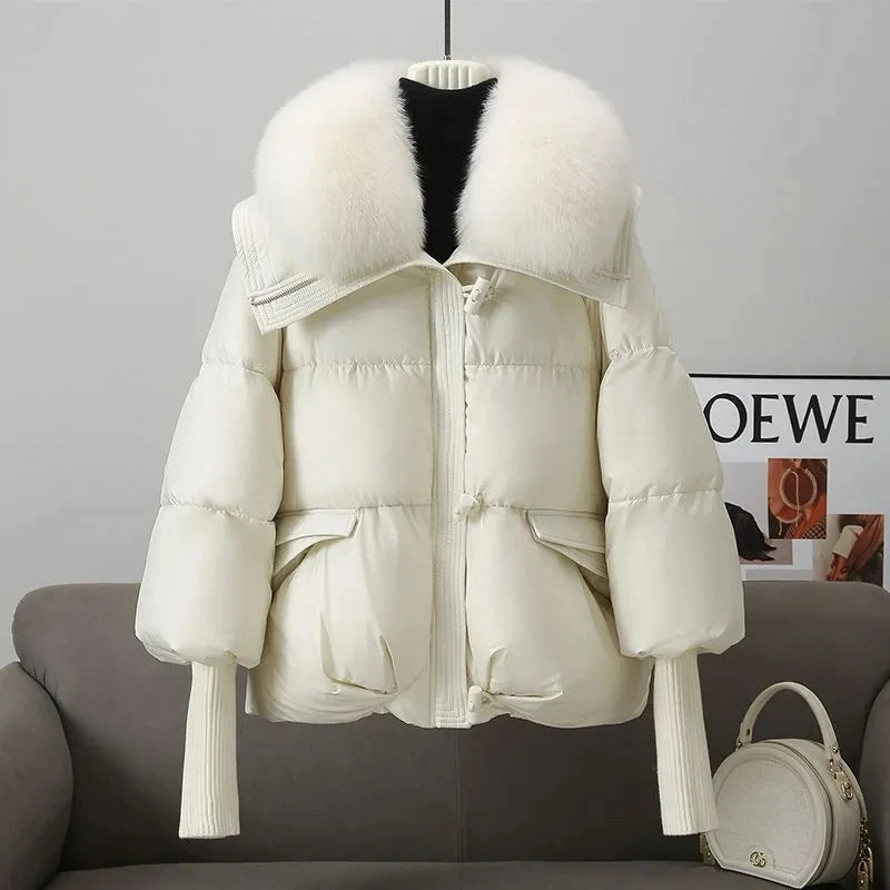 Chaqueta de algodón de invierno para mujer 2025 nueva chaqueta de algodón gruesa y cálida para mujer cuello de piel grande chaqueta acolchada de algodón Parka para mujer