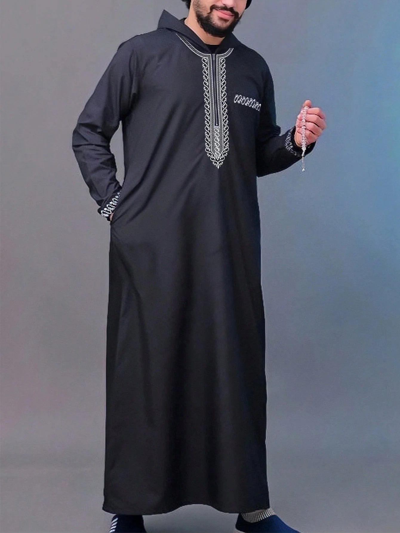 Thobe pour hommes marocain, manches longues style ethnique brodé col montant conception de fermeture éclair hommes musulmans à la mode Abaya fest arabe