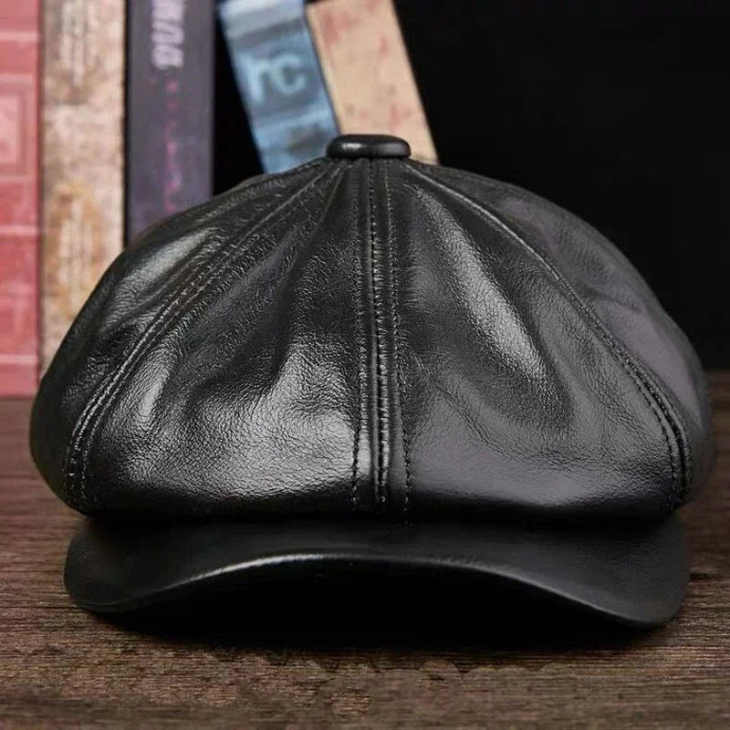 Casquettes octogonales en cuir de vachette pour hommes et femmes, chapeau avant, 100% cuir véritable, casquette chaude, béret de peintre masculin, printemps et hiver
