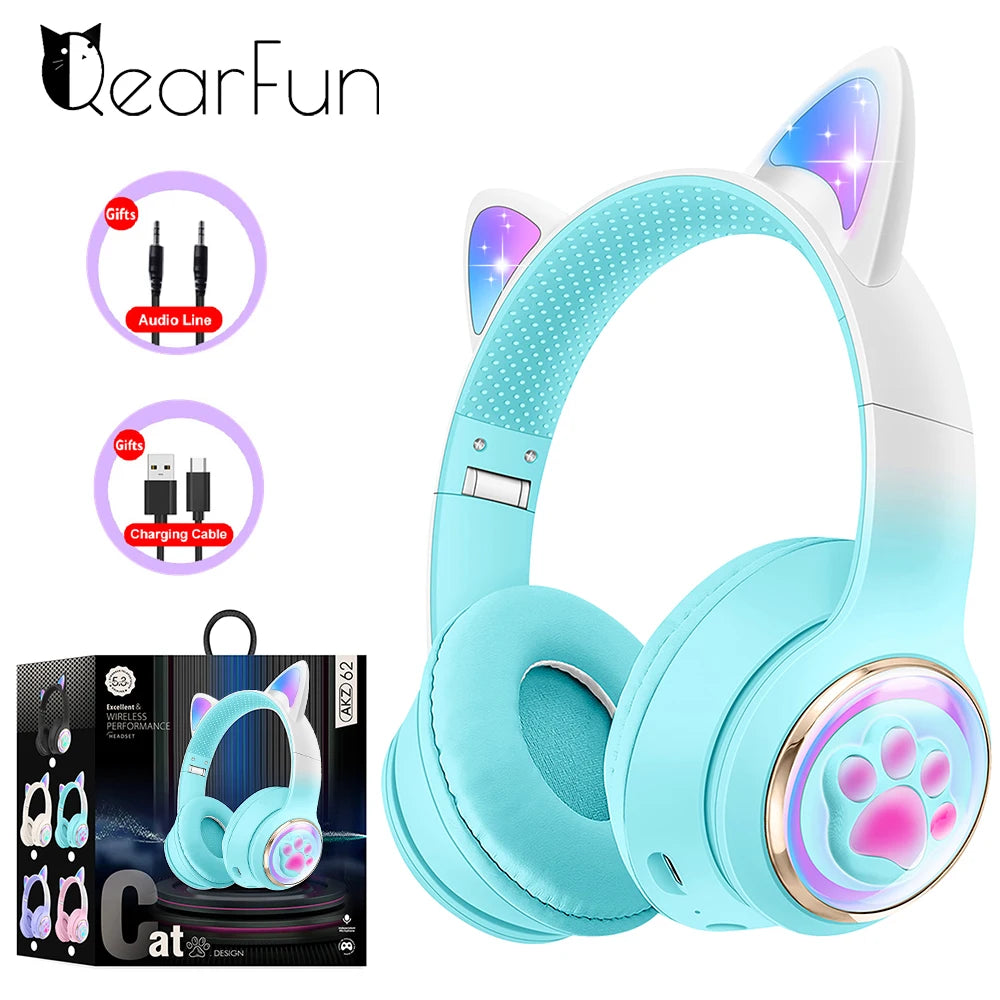 Auriculares inalámbricos RGB con orejas de gato para PC, lindos, cápsula espacial 3D, auriculares Bluetooth, auriculares plegables para juegos, regalos para niñas