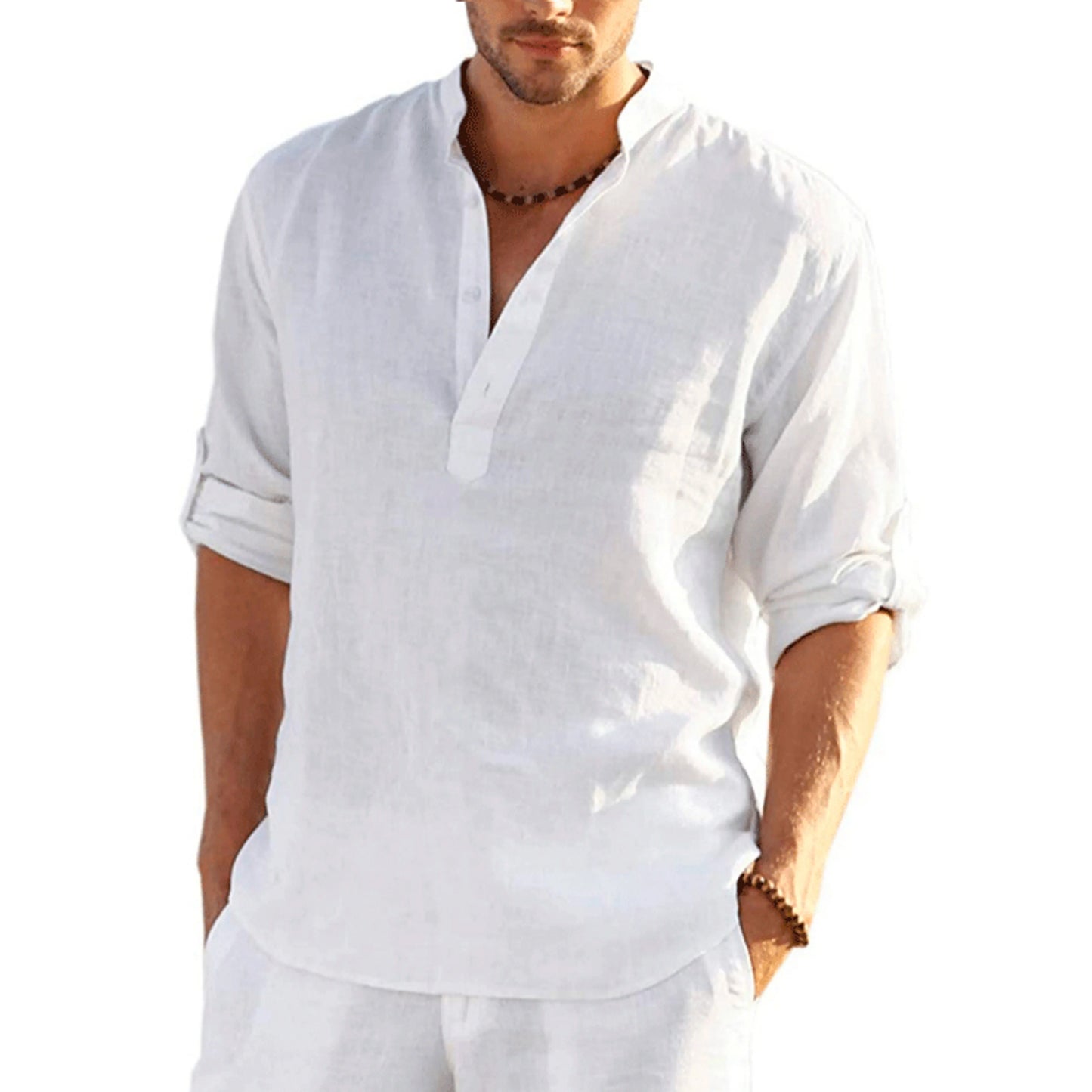 Chemise Coton Ample Homme — Col Montant Manches Longues Mode Ajustée