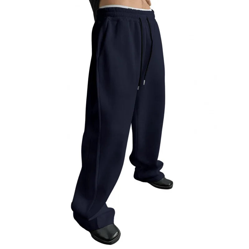 Men's Solid Color Sanitary Pants, Straight Waist with Drawstring, Wide Leg, Loose Fit with Pockets, Versatile Sport Pants, 2025