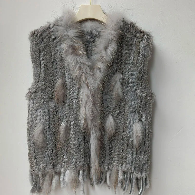 Gilet tricoté en vraie fourrure de lapin naturelle avec pompon, Gilet chaud sans manches pour femmes, avec garniture en vraie fourrure de raton laveur