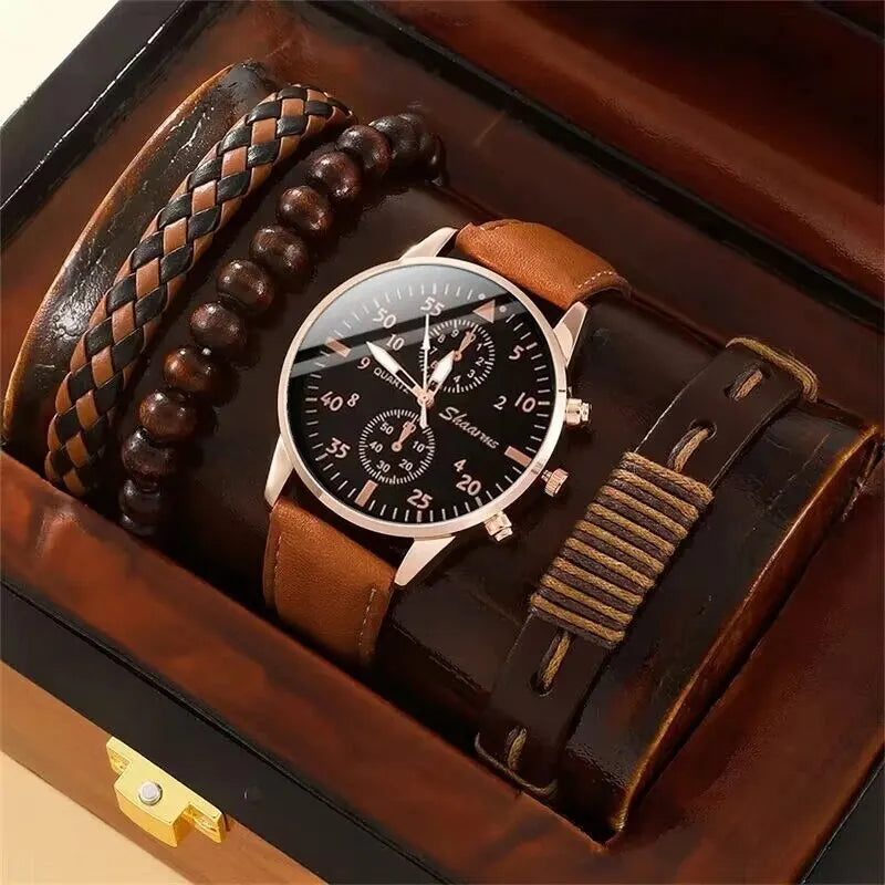 Nuevo conjunto de reloj de pulsera de lujo para hombre, moda de negocios, relojes de cuarzo de cuero marrón para hombre, regalo Relogio Masculino