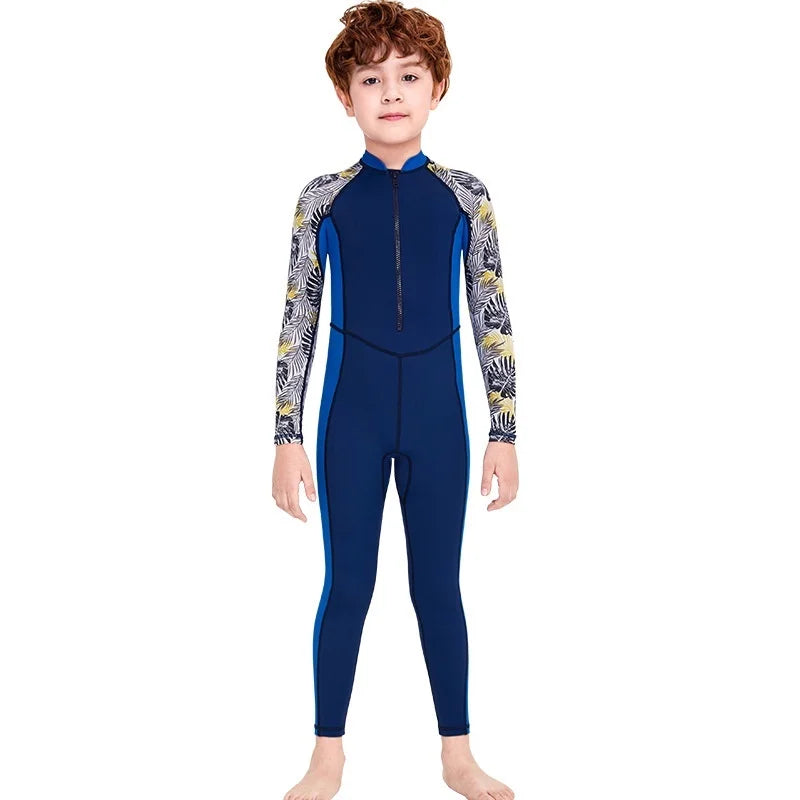 Maillots de bain une pièce pour enfants, maillot de bain pour garçons, manches longues, Protection solaire (y compris les bonnets de bain)