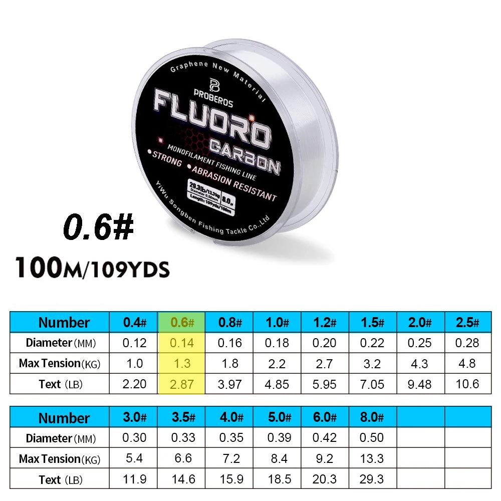 PROBEROS 100M ligne de pêche à revêtement fluorocarbone 2.2LB-29.3LB ligne de Leader Monofilament en Fiber de carbone ligne de pêche à la carpe