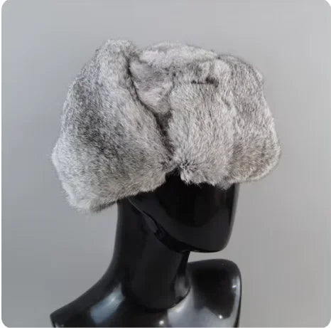 Gorro de piel de conejo para hombre, invierno, 100% piel auténtica, estilo aviador, cortavientos, cálido, con orejeras, color liso, gris/negro, ruso, ajustado