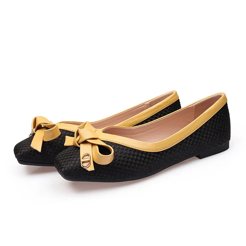 Zapatos de mujer 2025 nueva pajarita tejida punta cuadrada bailarinas de mujer Suela blanda zapatos de mujer de moda de talla grande Zapatos de mujer