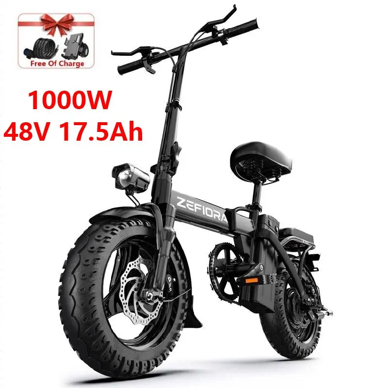【Marca+】Bicicleta eléctrica para adultos de 1000 W, 48 V, aleación de aluminio, 14 pulgadas, bicicleta eléctrica, freno delantero ajustable, asiento, para ciclismo, bicicleta eléctrica