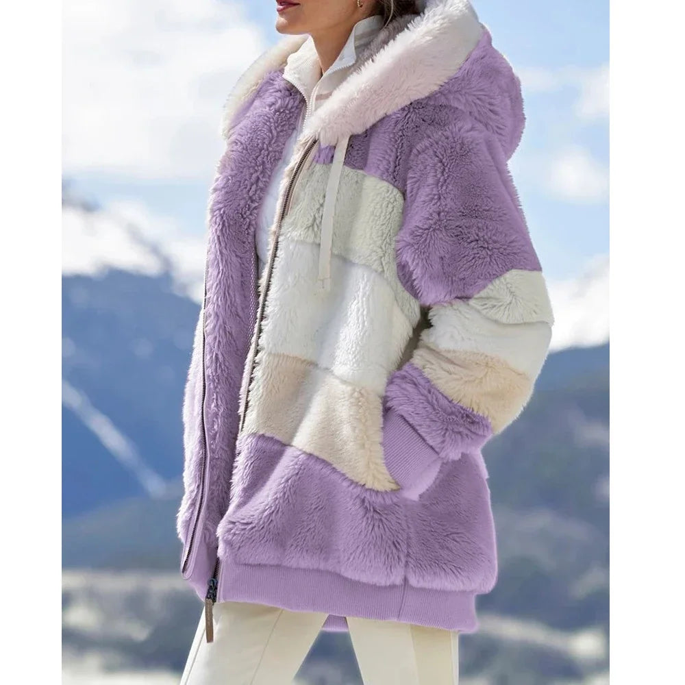 Abrigo de invierno para mujer 2025, chaqueta de mujer con cremallera y capucha, empalmado, cachemira gruesa, chaqueta de mujer, costura a cuadros, abrigos de mujer