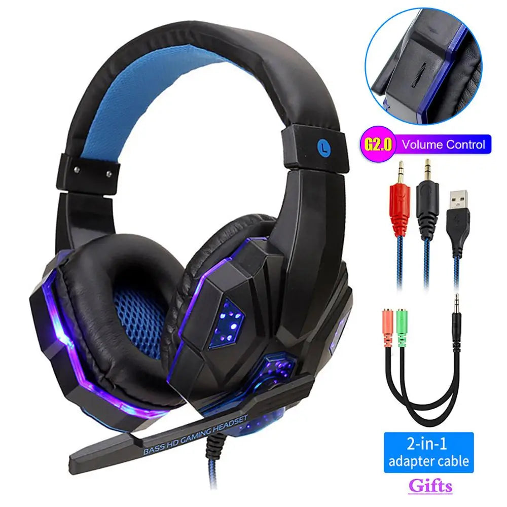 Casque de jeu avec micro et lumière LED — PC, portable, téléphone, filaire, stéréo, 3.5mm, cadeaux