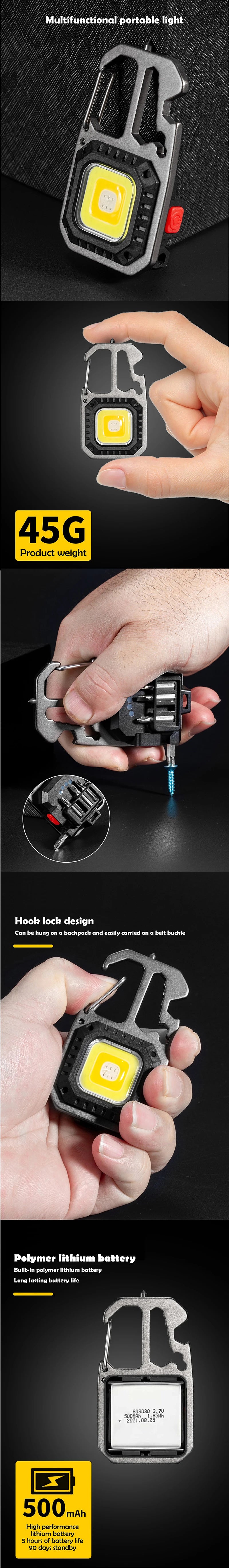 Lampe de travail porte-clés COB avec affichage de la batterie, 8 modes, Rechargeable, haute luminosité, lumière LED Portable pour Camping, randonnée, course à pied