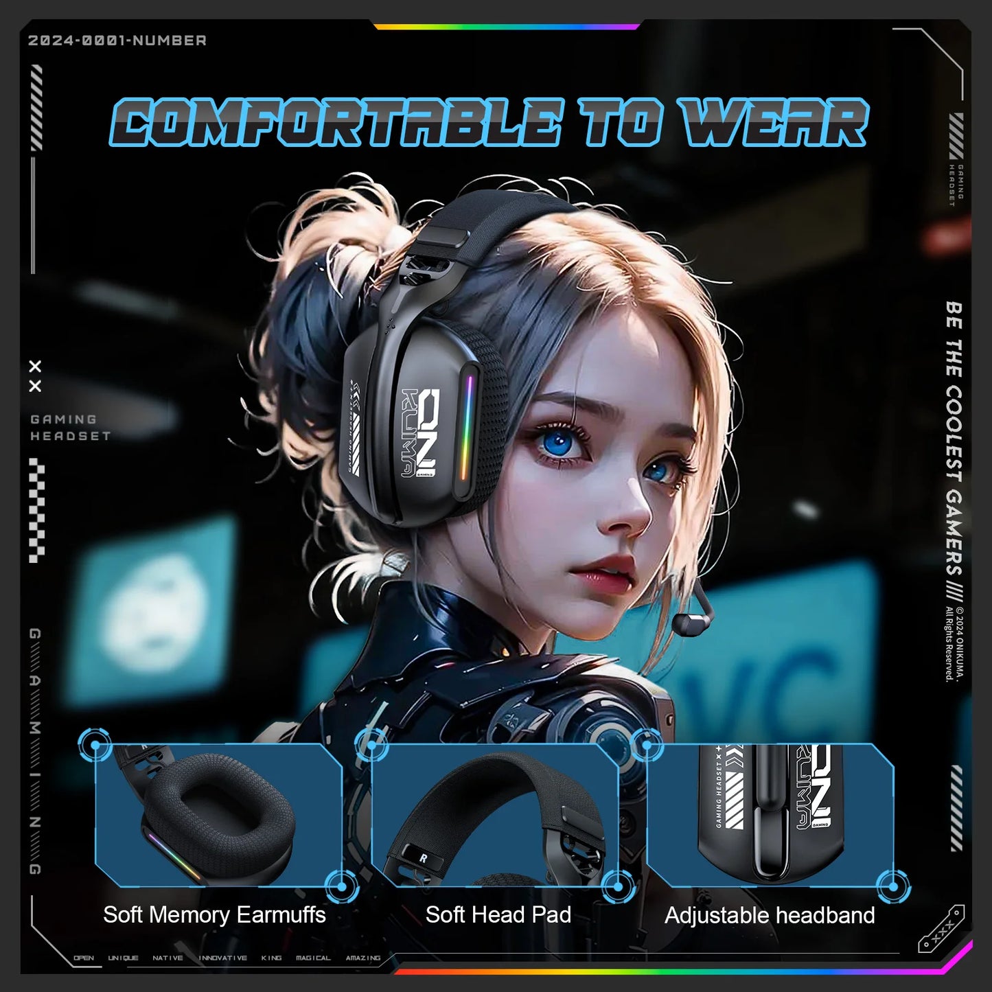 Onikuma Gt808 Three-Mode Wireless E-sports Gaming Headset with Microphone, RGB Lighting, Supports Bluetooth 5.3 / 2.4g / Aux 3.5mm