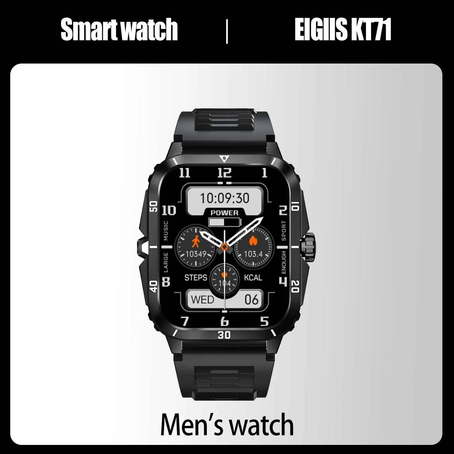 EIGIIS Reloj inteligente 3ATM impermeable 1.96" IPS militar KT71 para hombres 100+ modos deportivos Ritmo cardíaco Presión arterial Llamada Bluetooth